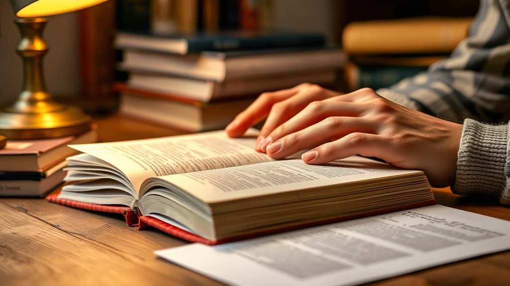 Close-up of hands turning pages of a hardcover book on a wooden desk, stack of books nearby, warm lamp light, focused reading moment, cozy study environment