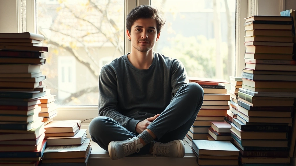 Person sitting peacefully on a window seat surrounded by stacked books, soft natural light streaming in, contemplative expression, cozy reading environment
