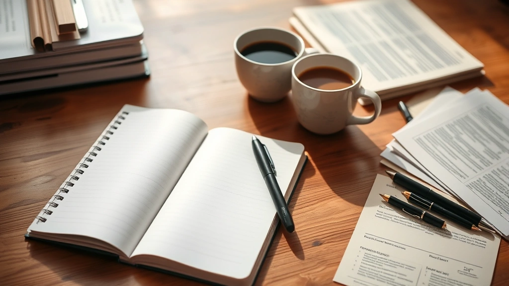 Open notebook with pen on wooden desk next to coffee cup and scattered pages, morning light, organized yet creative workspace atmosphere