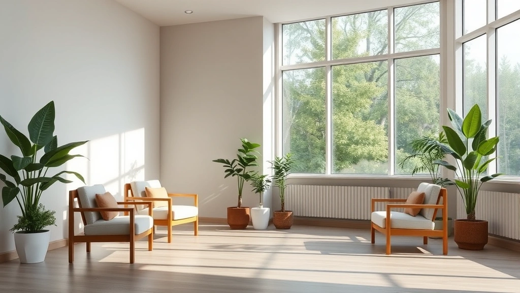 Serene meditation room with soft natural light filtering through large windows, comfortable seating, peaceful indoor plants, calming neutral tones, no text or people visible