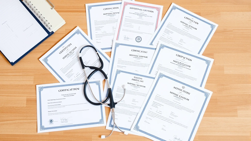 Multiple certification documents and professional credentials spread on a clean wooden desk with a stethoscope and clipboard, organized professional setting