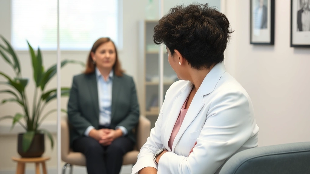 Mental health professional in consultation room with client visible in background through glass, professional therapeutic environment, calm and welcoming atmosphere