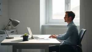 Person sitting peacefully at a modern desk with a laptop, soft natural lighting streaming through a window, calm and focused expression, minimalist workspace environment