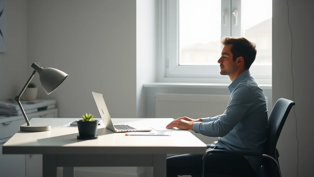 Person sitting peacefully at a modern desk with a laptop, soft natural lighting streaming through a window, calm and focused expression, minimalist workspace environment