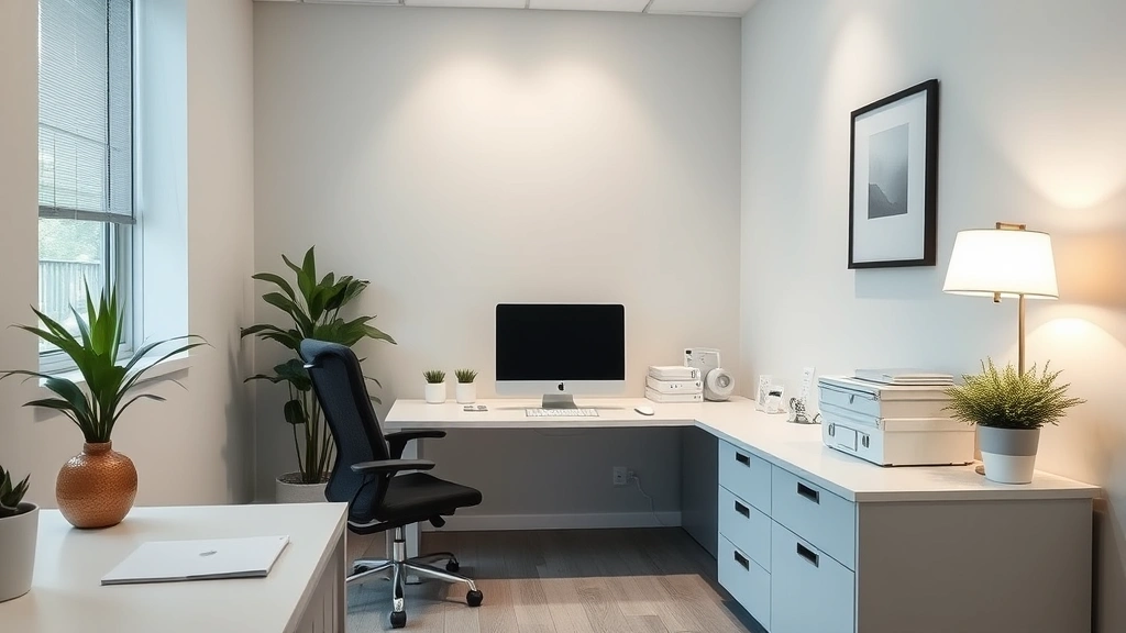 Serene therapist's office with modern computer workstation, soft lighting, organized desk with minimal clutter, peaceful environment suggesting clinical professionalism and patient trust