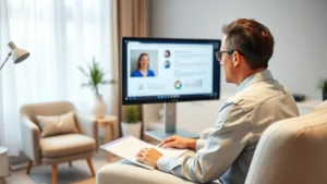 Mental health professional reviewing patient records on a modern computer screen in a calm therapy office with soft lighting and comfortable furniture