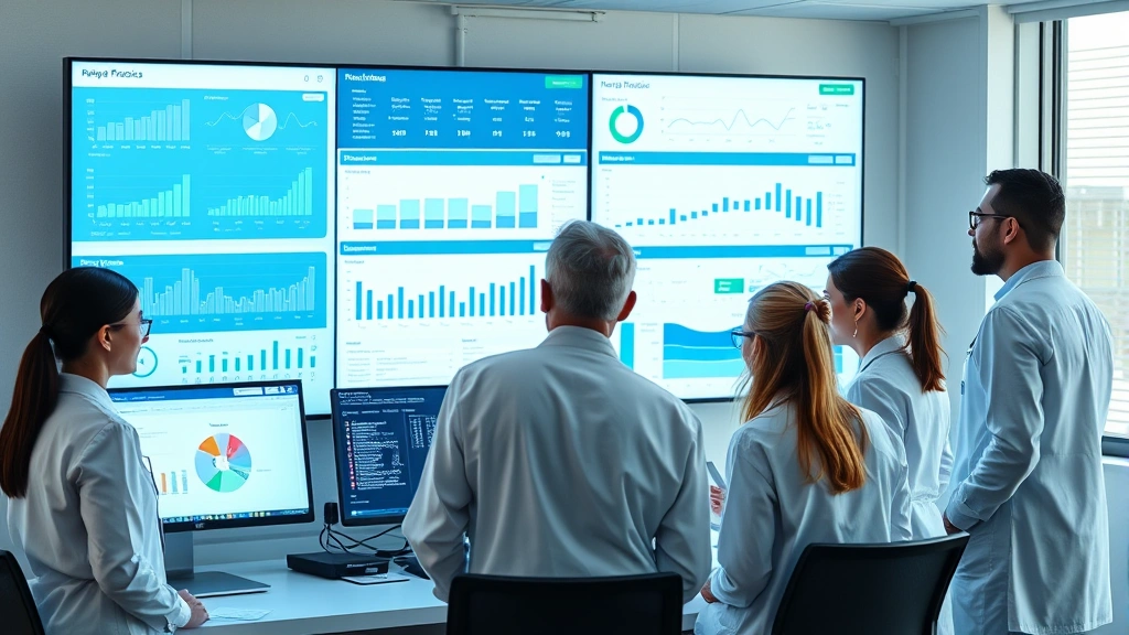 Healthcare team collaborating around a digital dashboard displaying patient data analytics and treatment progress charts on multiple monitors