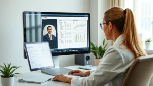 A therapist reviewing patient charts on a modern computer screen in a calm, minimalist office with soft natural lighting, showing focus and concentration
