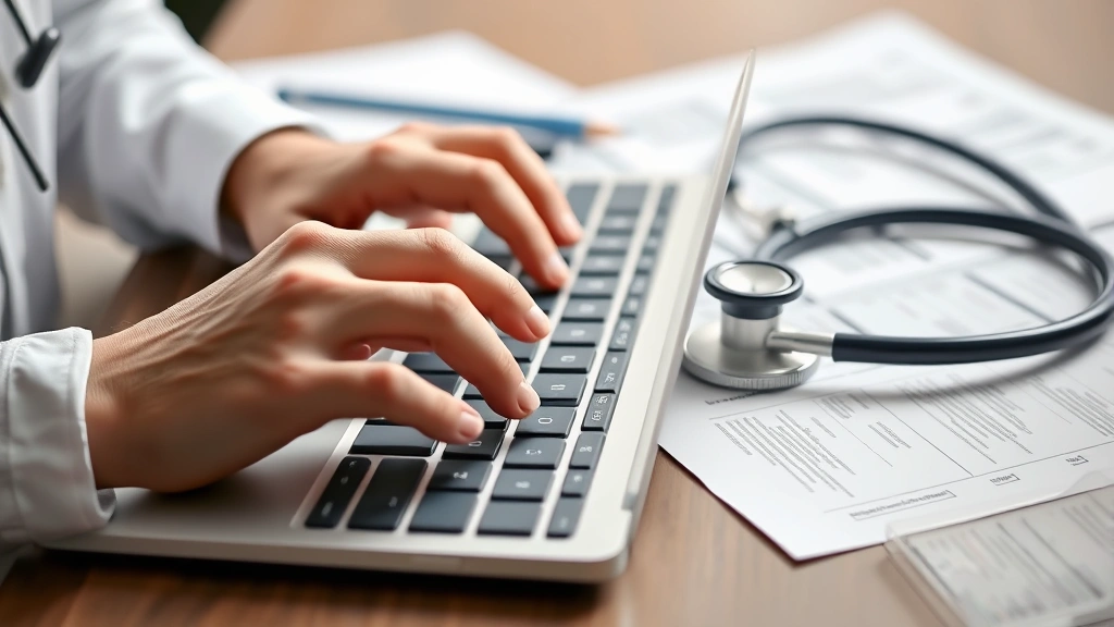 A close-up of hands typing on a keyboard with a stethoscope and medical documents nearby, symbolizing efficient clinical documentation and care management