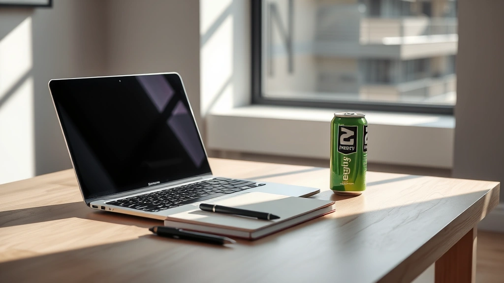 A modern minimalist workspace with a laptop, notebook, and an energy drink can sitting on a clean wooden desk, morning sunlight streaming through a window, sharp focus