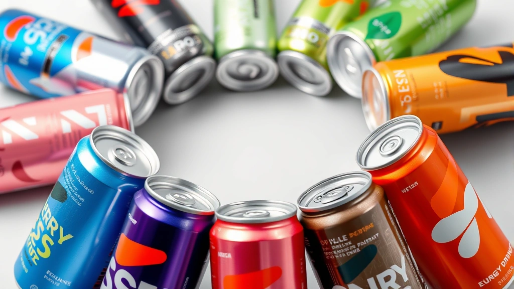 Close-up of various colorful energy drink cans arranged in a circle on a neutral background, showing different formulations and styles, professional photography