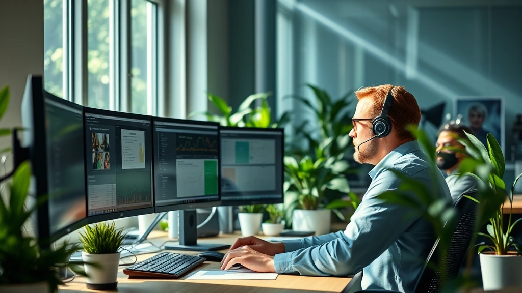 A person working intently at a desk with multiple monitors, surrounded by natural light and plants, displaying concentration and productivity, no people faces visible