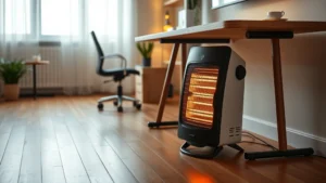 Modern minimalist home office with a sleek ceramic space heater on wooden floor beside a desk, warm ambient lighting creating cozy atmosphere, no text or numbers visible