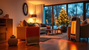 Cozy modern living room with warm ambient lighting, comfortable seating, and a sleek ceramic space heater on wooden floor, winter evening atmosphere