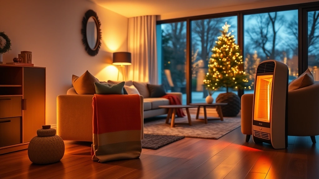 Cozy modern living room with warm ambient lighting, comfortable seating, and a sleek ceramic space heater on wooden floor, winter evening atmosphere
