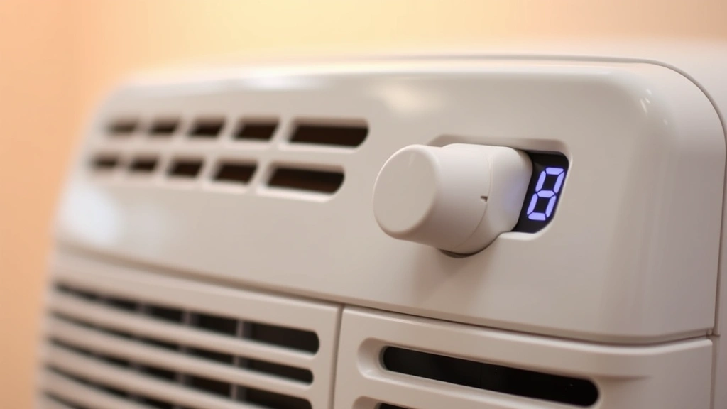 Close-up of temperature control dial and digital display on contemporary space heater, soft warm light reflecting off device surface, clean professional styling, no text or numbers
