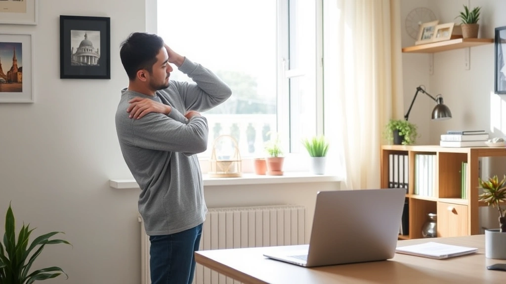 Person adjusting space heater in home office with laptop and desk, natural window light streaming in, organized workspace