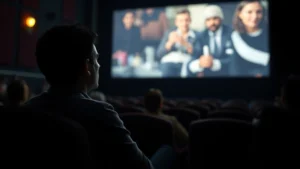 Person sitting in a dark theater watching a film projected on screen, soft lighting illuminating their thoughtful expression, cinematic atmosphere