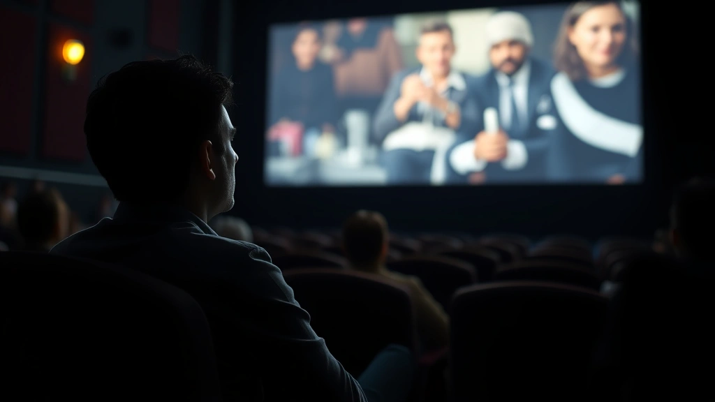 Person sitting in a dark theater watching a film projected on screen, soft lighting illuminating their thoughtful expression, cinematic atmosphere