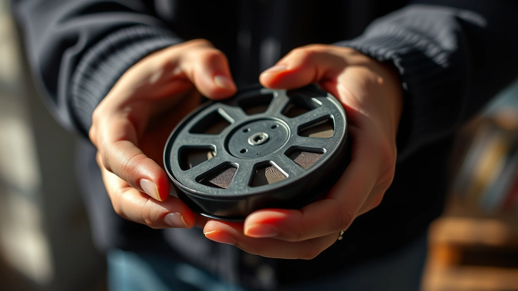 Close-up of hands holding a film reel or notebook, soft natural light, intimate moment, artistic composition, blurred background suggesting creative space