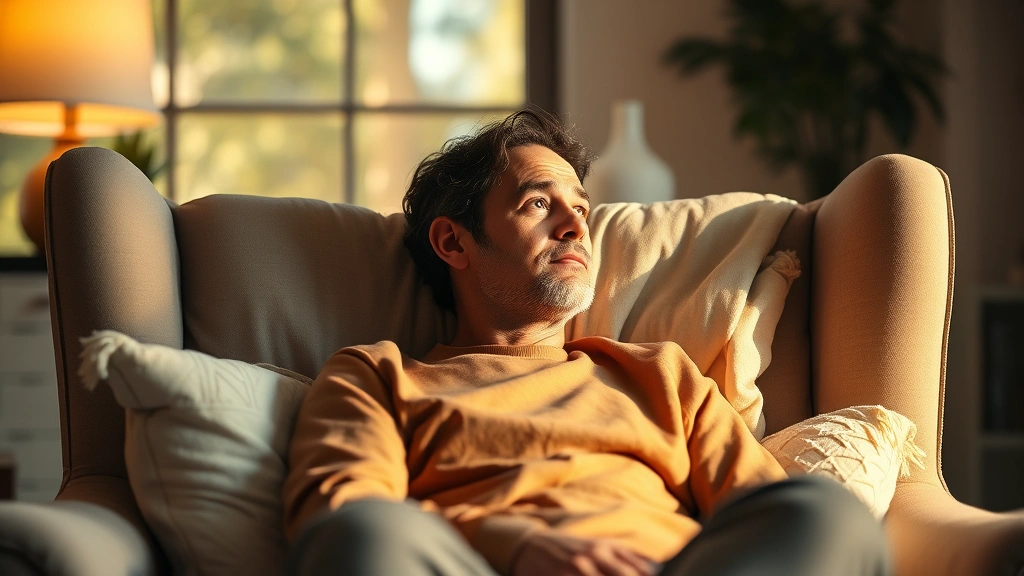 Wide shot of person in comfortable chair with thoughtful expression, surrounded by soft pillows and warm ambient lighting, peaceful interior setting, afternoon light through window