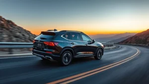 Luxurious modern 4WD SUV driving on winding mountain road at sunrise, sleek design emphasizing aerodynamic efficiency, professional automotive photography