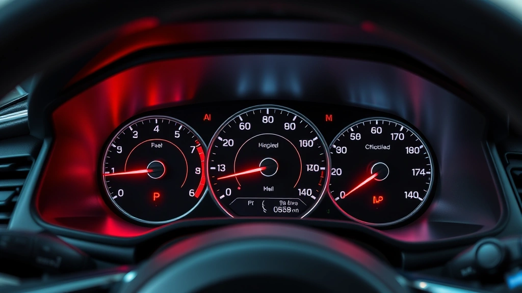 Fuel gauge showing high efficiency reading, dashboard illuminated with modern digital displays, interior premium cabin with focus on technology integration