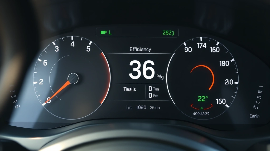 Dashboard fuel economy display showing efficiency metrics, close-up of modern digital instrument cluster with eco-driving indicators, clean minimalist design