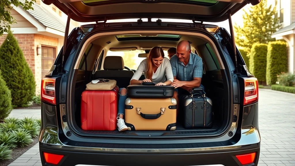 Family loading luggage into the rear cargo area of a spacious three-row SUV in a suburban driveway, natural daylight, showing practical storage space and accessibility