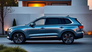 Luxury modern 7-seater SUV parked in contemporary driveway with minimalist landscaping, golden hour lighting, sleek design emphasizing efficiency and spaciousness