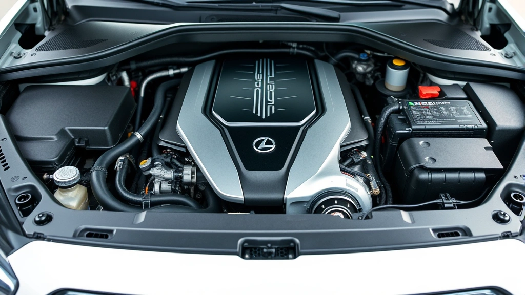Close-up of advanced hybrid engine bay with visible technology components, clean professional automotive photography, highlighting engineering precision and efficiency