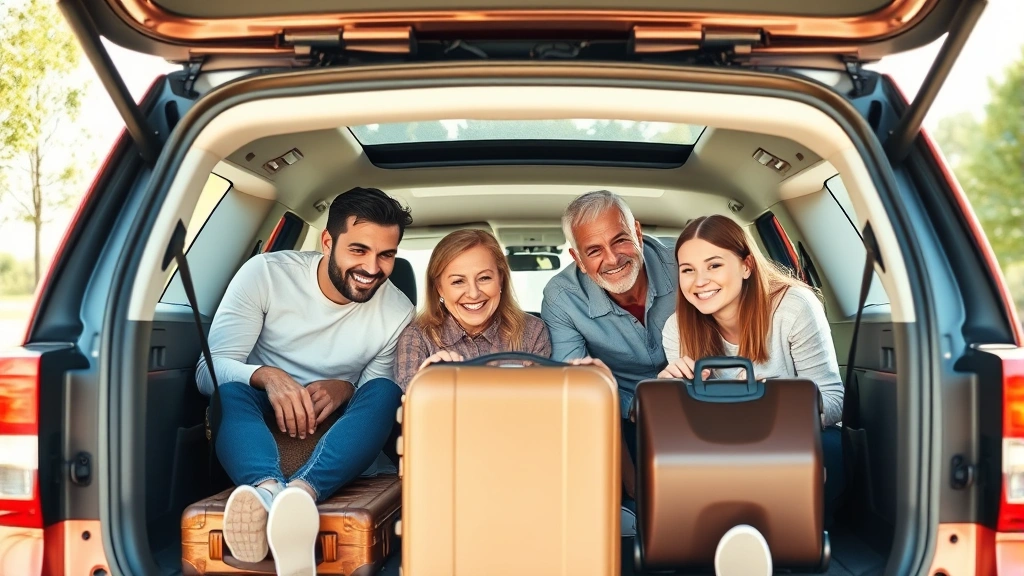 Happy multi-generational family loading luggage into spacious SUV cargo area, bright natural lighting, emphasizing practicality and ample storage capacity without people faces