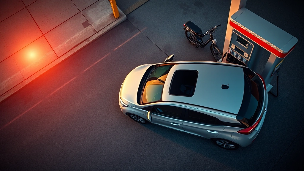 Overhead view of compact sedan parked at gas station pump, sleek modern design, sunset lighting, empty road stretching into distance