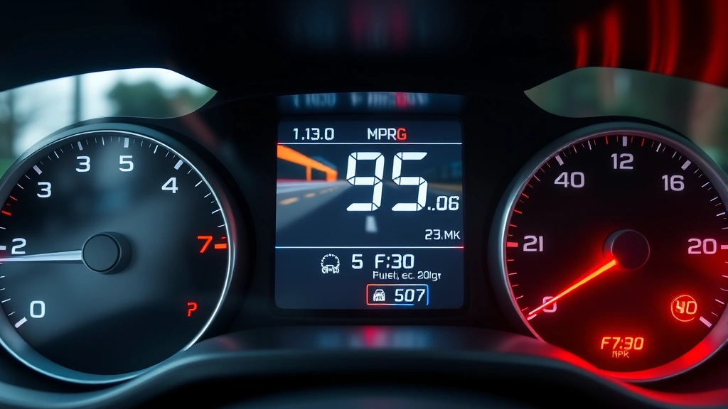 Close-up of digital fuel economy display dashboard showing high MPG numbers, bright modern interface, blurred road ahead through windshield
