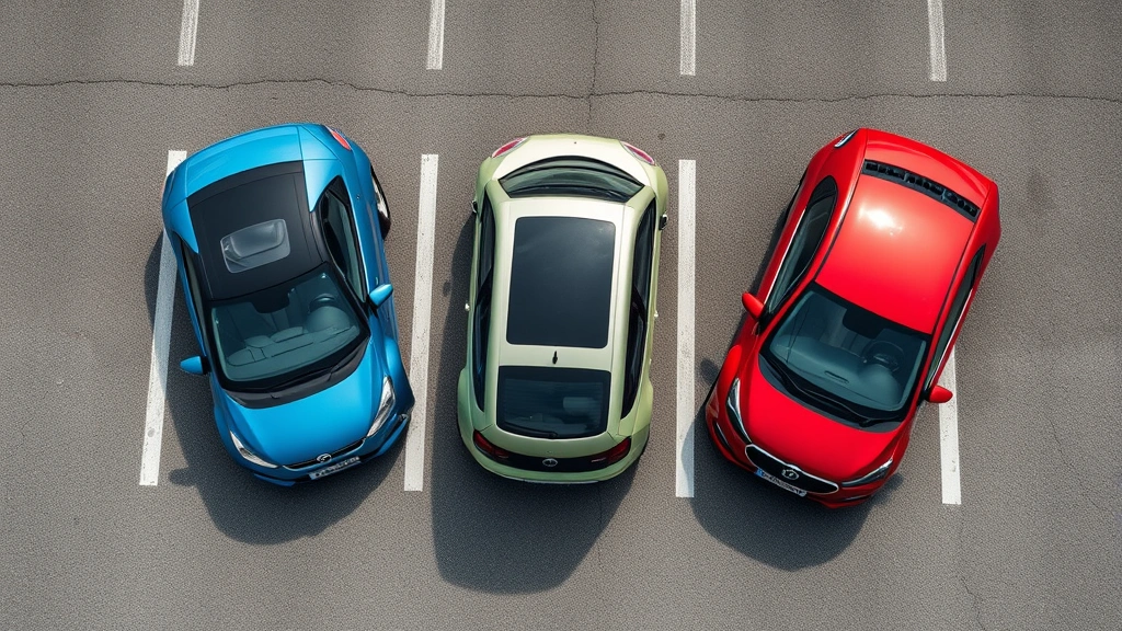 Aerial view of three different fuel-efficient compact cars lined up in parking lot, varying colors, modern automotive design, natural daylight