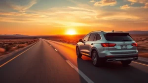 Modern full-size SUV driving on open highway at sunset, sleek silver exterior gleaming, expansive landscape background, professional automotive photography style