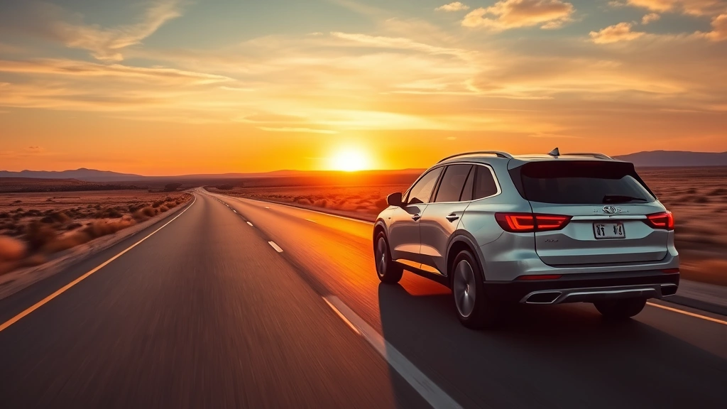 Modern full-size SUV driving on open highway at sunset, sleek silver exterior gleaming, expansive landscape background, professional automotive photography style