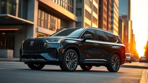 Luxury full-size SUV parked on modern city street at sunset, sleek design, confident stance, golden hour lighting, contemporary urban background