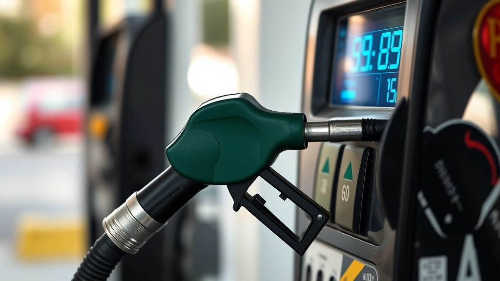 Fuel pump nozzle inserted into vehicle fuel door, digital pump display showing price and gallons, blurred gas station background, realistic natural lighting capturing everyday refueling moment