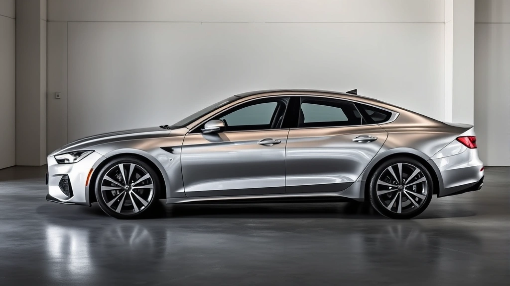 Modern silver sedan parked in a minimalist garage, sleek aerodynamic design, professional automotive photography, natural lighting highlighting the car's contours