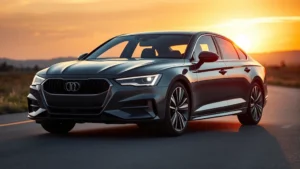 Modern sedan from front three-quarter view on clean road at sunset, aerodynamic design emphasized, professional automotive photography style