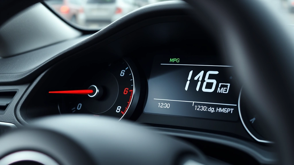 Dashboard fuel gauge needle pointing to full tank, close-up of digital fuel economy display showing high MPG numbers, modern car interior details