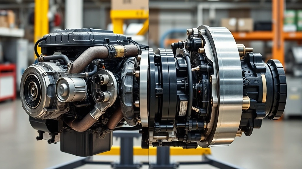 Split-screen comparison showing traditional engine block on one side and hybrid electric motor system on the other, technical automotive components, professional industrial photography