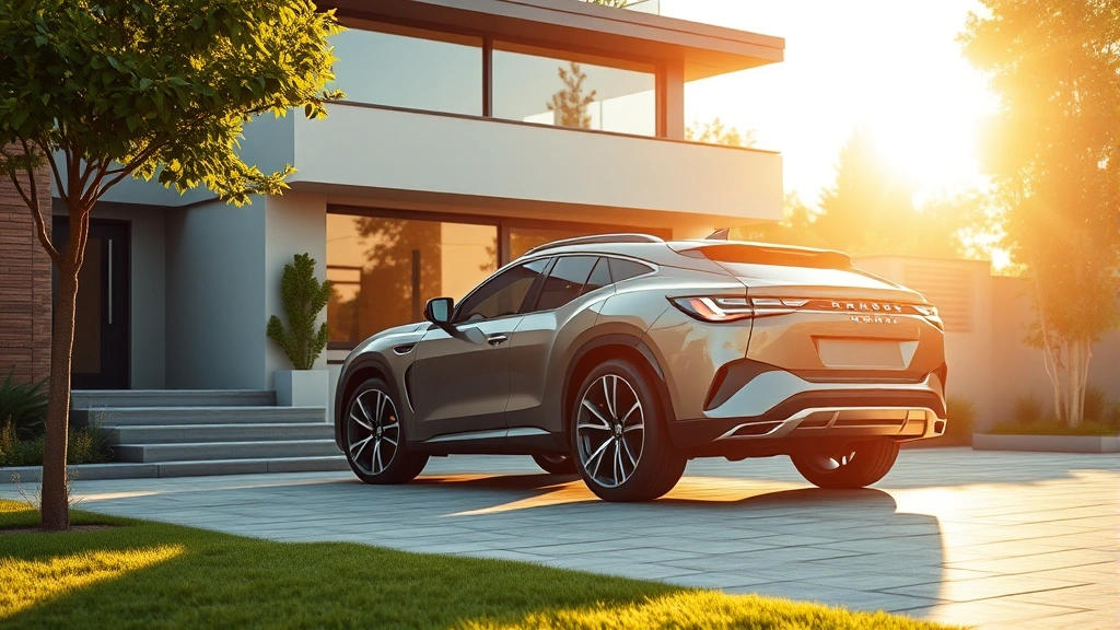 Modern three-row SUV parked in contemporary driveway, morning sunlight, clean design, family-oriented setting, photorealistic