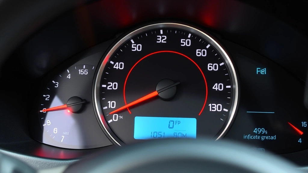 Fuel gauge showing efficient consumption levels, dashboard close-up, modern vehicle interior, clear digital display, photorealistic style