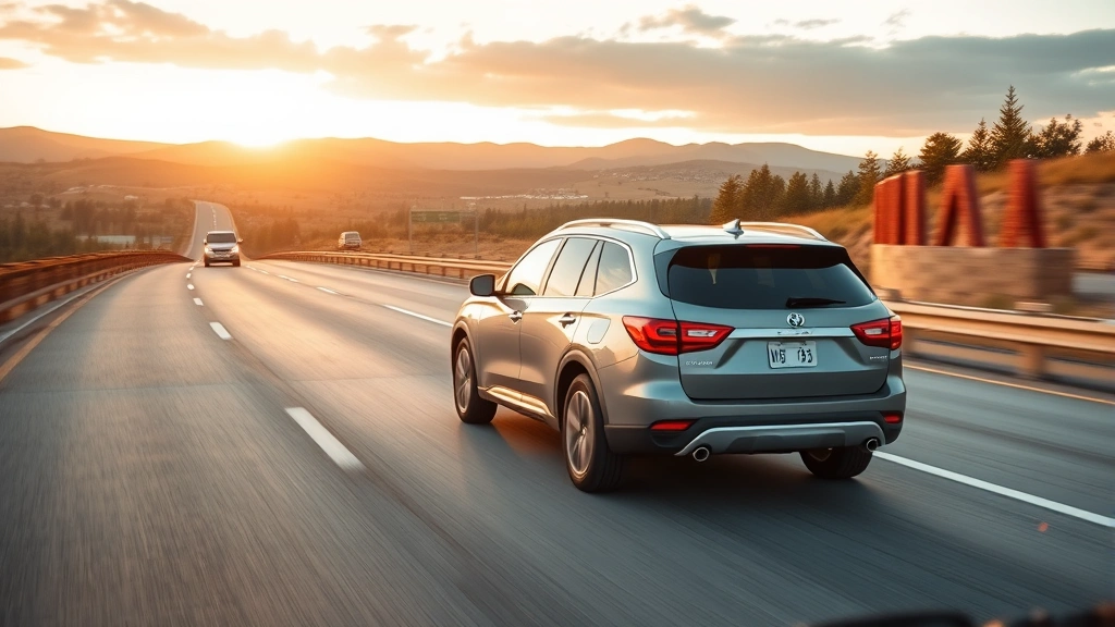 Highway driving scene with three-row SUV traveling smoothly, scenic landscape background, golden hour lighting, peaceful journey atmosphere