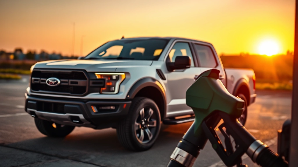 Modern pickup truck parked at sunset with fuel pump nozzle visible in foreground, clean contemporary design, golden hour lighting, professional automotive photography