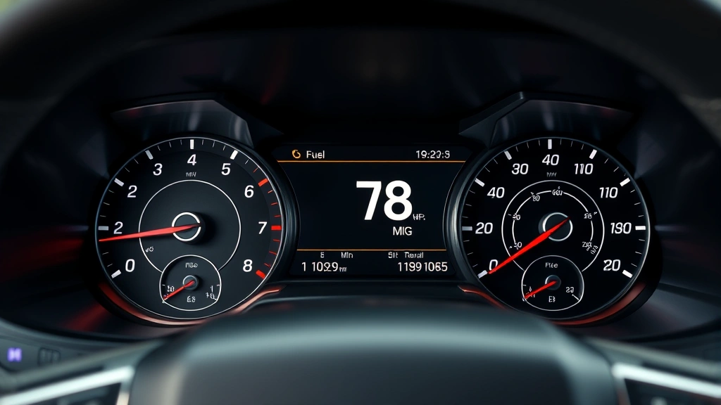 Close-up of truck dashboard with fuel efficiency display showing MPG metrics, modern digital instrument cluster, sleek interior design, professional studio lighting