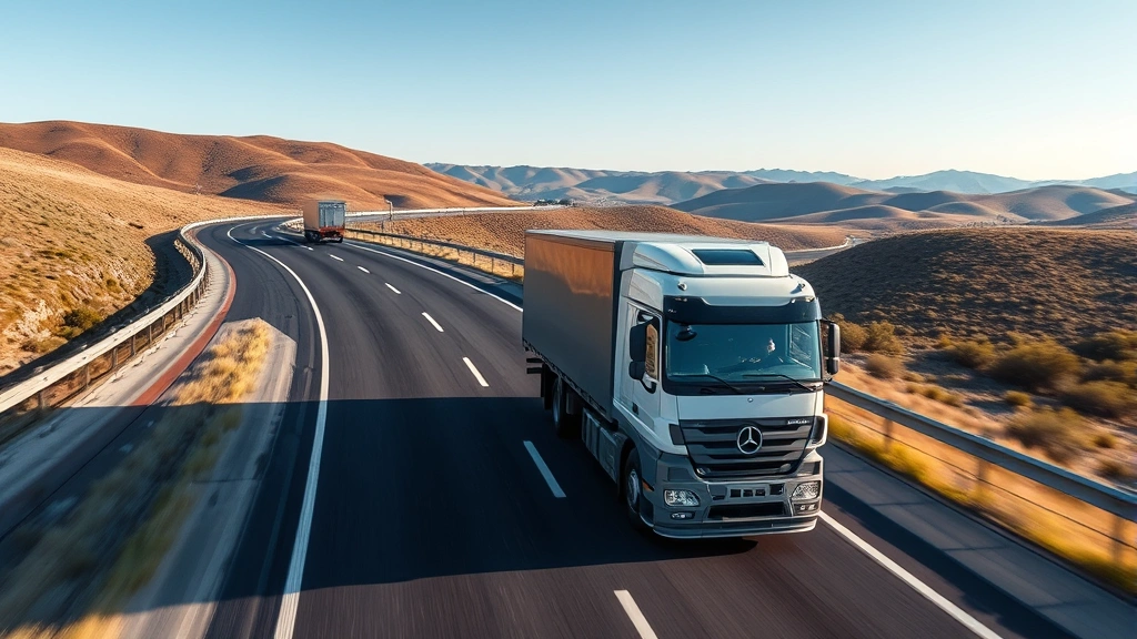 Aerial view of highway with fuel-efficient truck cruising smoothly through landscape with rolling hills, clear sky, representing long-distance efficiency and performance