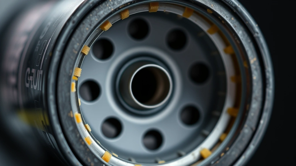 Close-up of a cross-section of an oil filter showing layered synthetic media and internal components, photorealistic industrial photography style